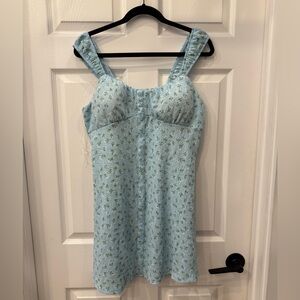 Blue with green and white floral mini dress with buttons down the front